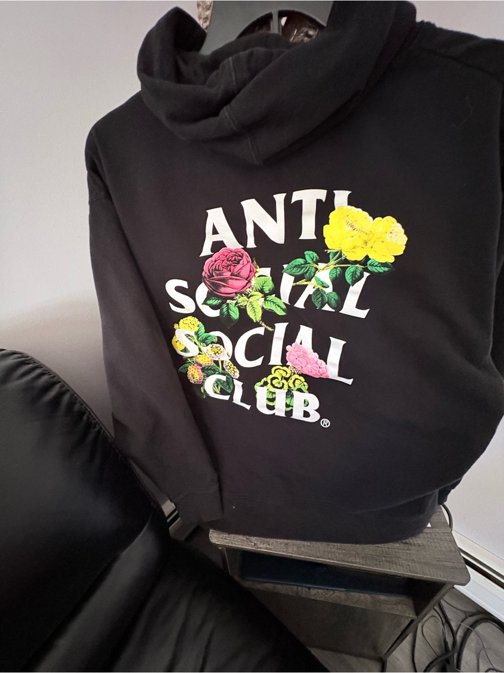 Anti Social Social Club Black Hoodie with Pink Rose Embroidery